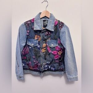 Gabby Isabella Blue Jean Jacket with Purple and Pink Floral Embroidery